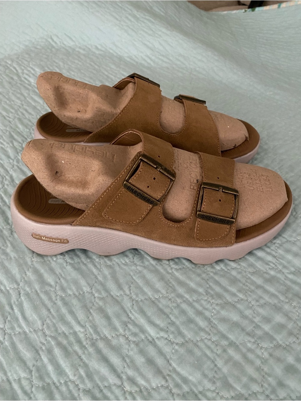 Skechers Women’s Tan Double-Buckle Slide Sandals